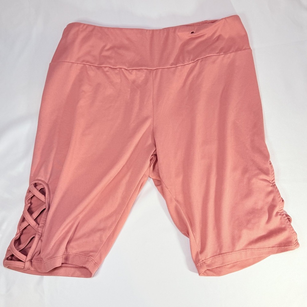 LOVE STREAK Women's XL Rose Pink Biker Shorts Stretch Lace-Up Ruched
